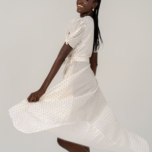 Michelle White & Gold Lurex Wrap Dress