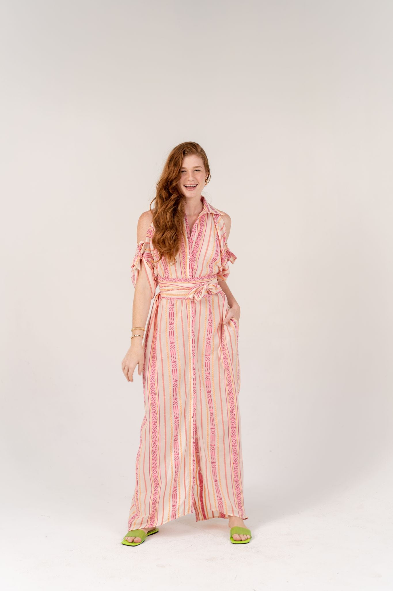 Ellie Long Pink/Yellow Stripe Button Front & Back Dress