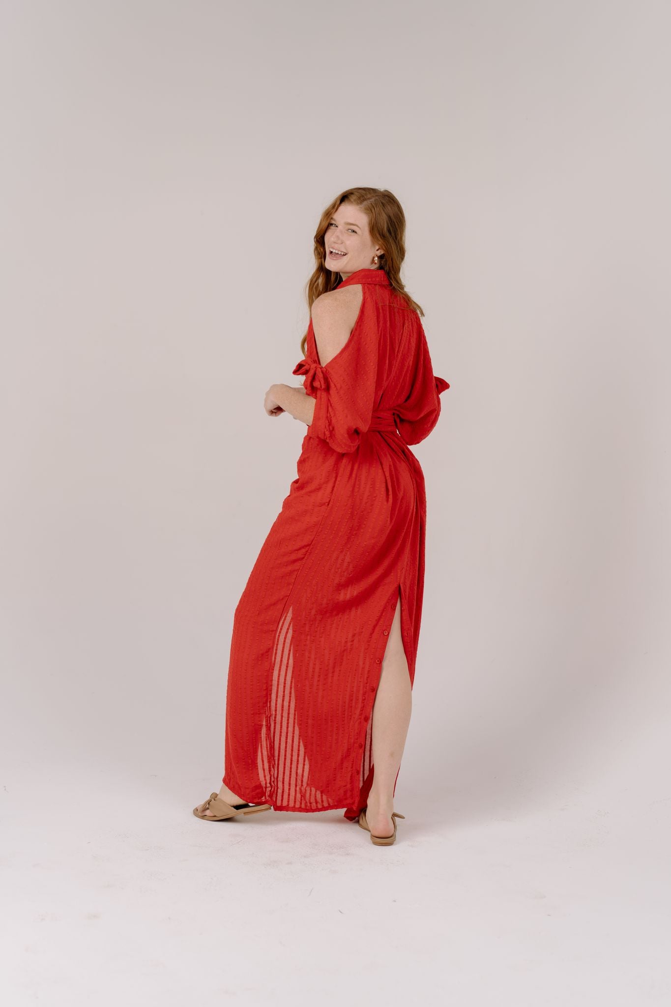 Ellie Long Red Button Front & Back Dress