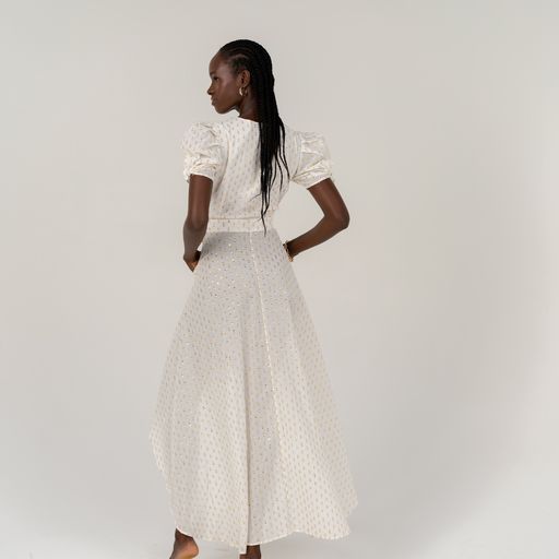Michelle White & Gold Lurex Wrap Dress